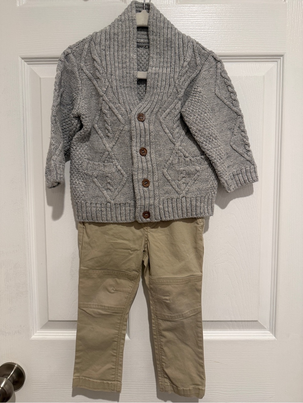 Cat & Jack Boys 2T Cable Knit Cardigan Khaki Pants 2 Piece Outfit Set